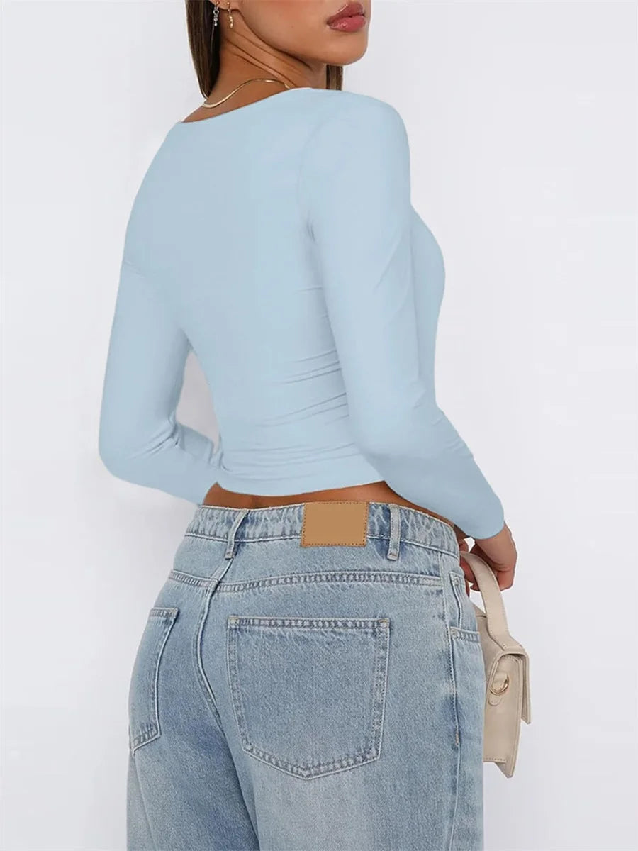 Women's Slim Fit Crop Tops Fashion Long Sleeve Square Neck Solid Color Pullover Basic T-Shirt Dressy Blouses 2024 New Streetwear