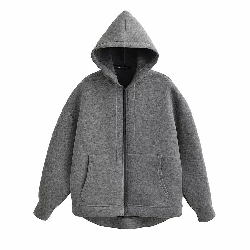 Women Gray Black Jacket With Hood Long Sleeve Zipper Jacket Casual Big Pocket