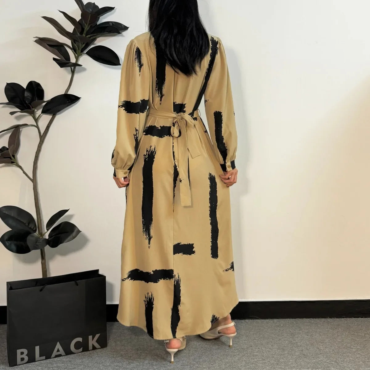 Abayas Fashion Female O-neck Full Sleeve A-line Casual Long Ramadan Maxi Dresses With Belt