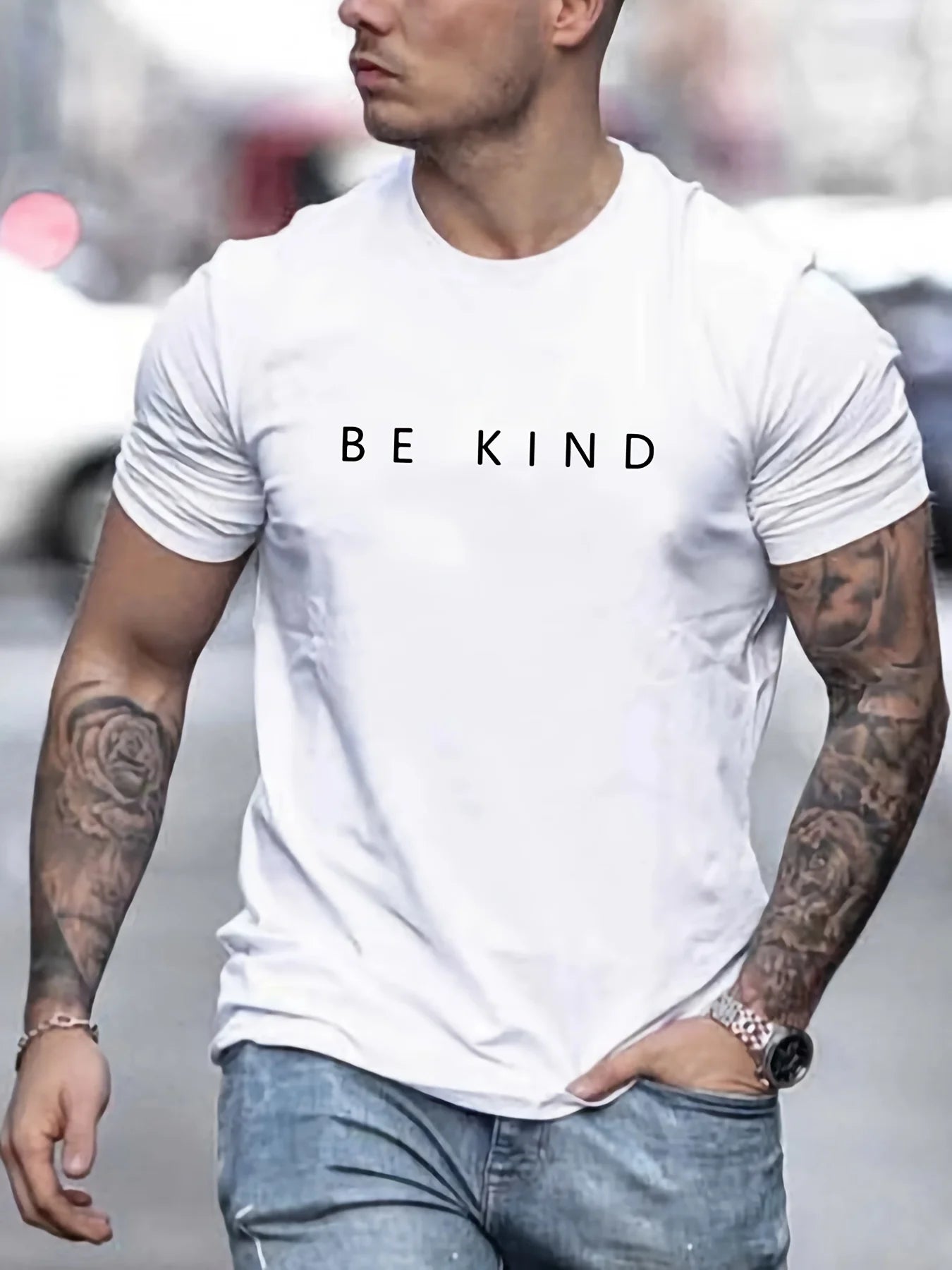 Men's Summer Loose Fit  100 Cotton be Kind Print T-shirt Tops O-neck Pactwork