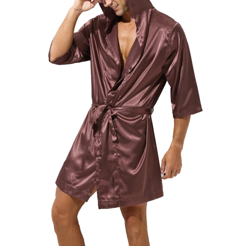 Men Bathrobe Pajamas Nightgown Hooded Loose Satin Silk Sleepwear Cardigan Gown Bath Robe Nightwear Sleep Bottoms 