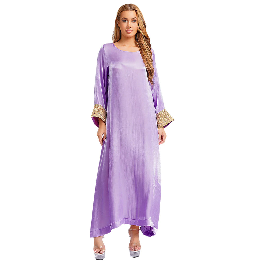 Womens Arabic Abaya Kaftan Dress Long Sleeve Loose Pullover Robe Shiny  Maxi Dress