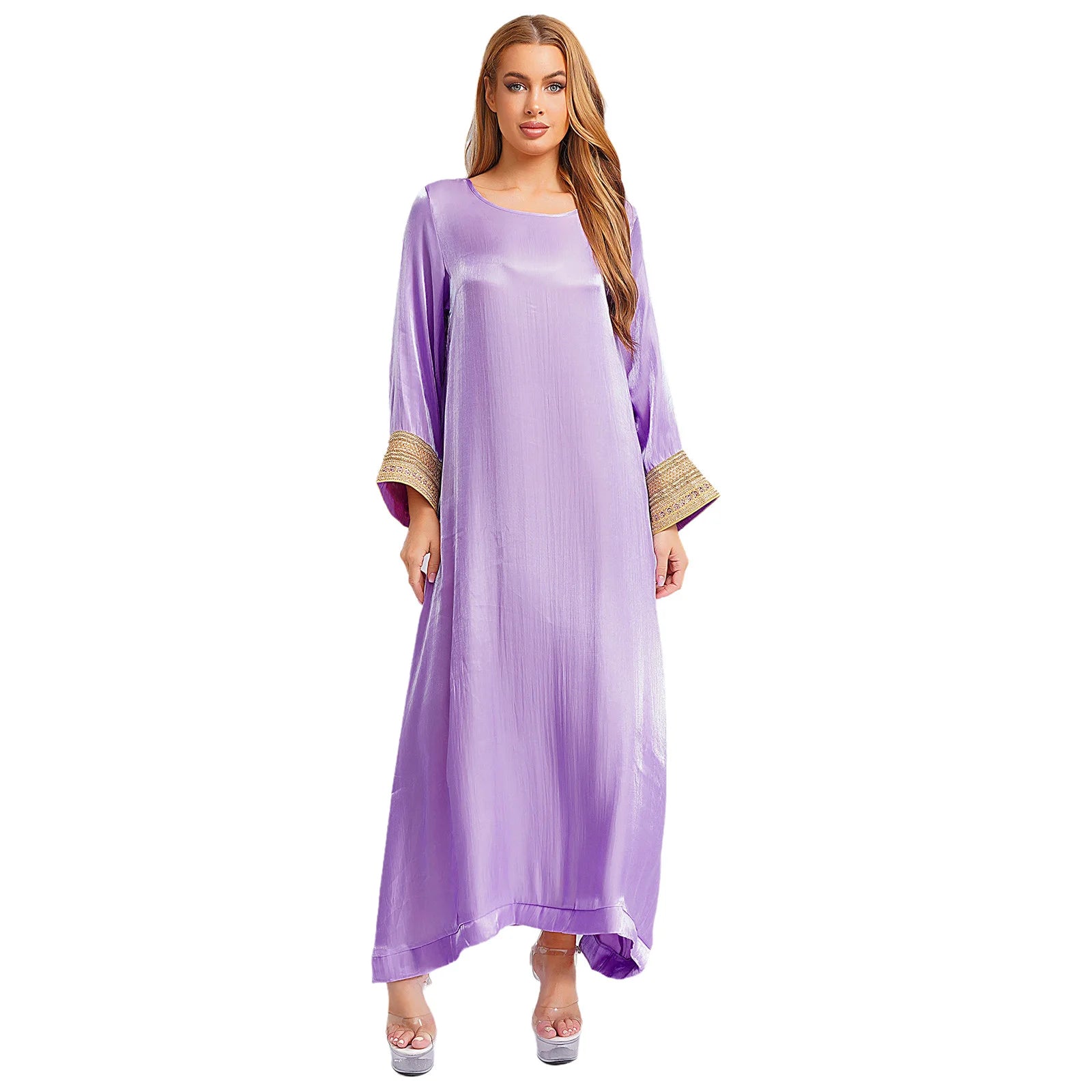 Womens Arabic Abaya Kaftan Dress Long Sleeve Loose Pullover Robe Shiny  Maxi Dress