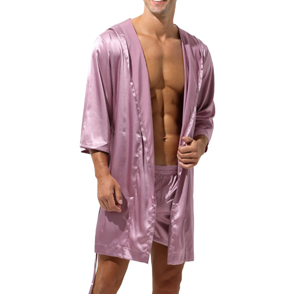Men Bathrobe Pajamas Nightgown Hooded Loose Satin Silk Sleepwear Cardigan Gown Bath Robe Nightwear Sleep Bottoms 