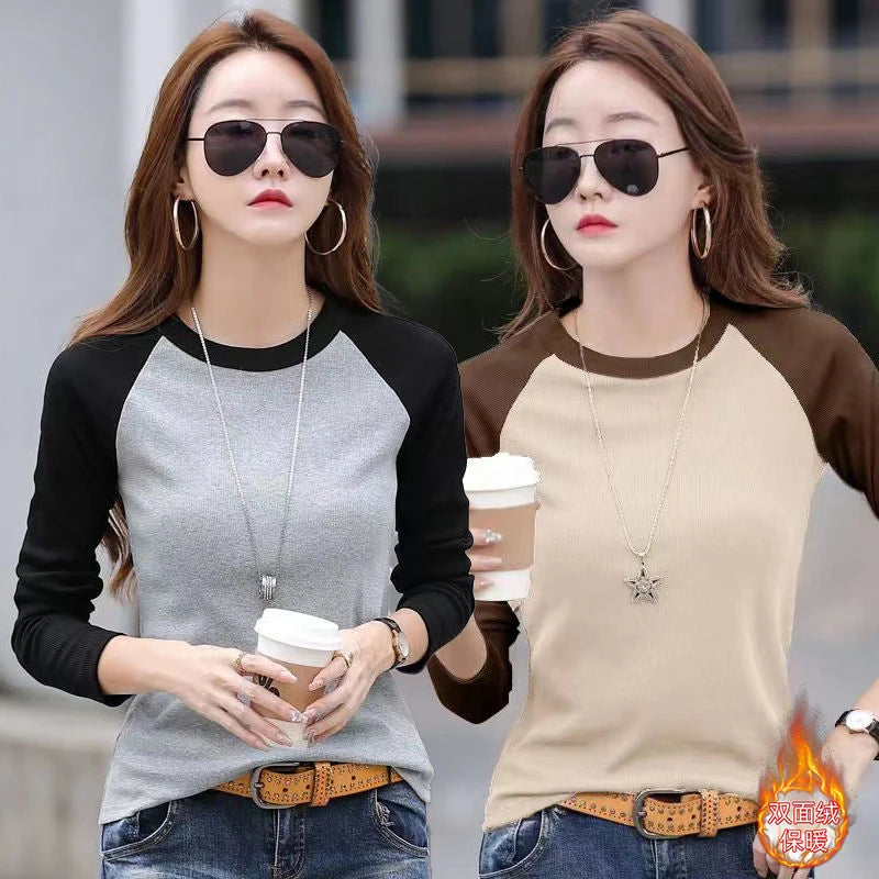 Thermal Winter O Neck Long Sleeve Shirt Women Sexy Cropped Tops Autumn Casual Patchwork Skinny Slim Basic Woman T Shirts Clothin