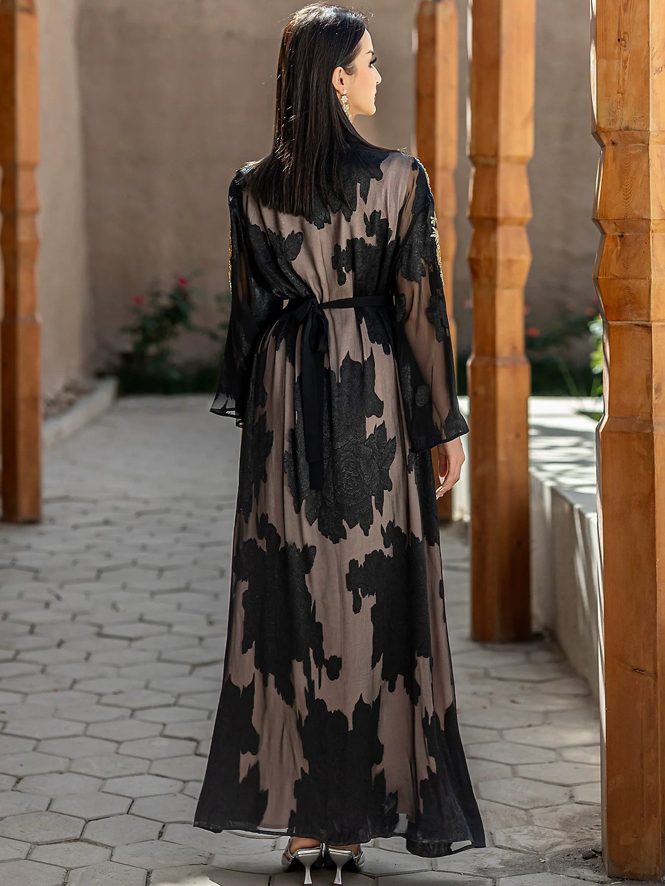 Women's Black Gold Lace Embroidered Two Piece Set with Belt Robe Light and Elegant Middle Eastern Spot