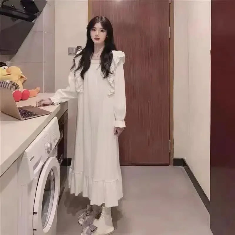 Sexy White Sleepwear Night Dress Women Korean Style Ruffles Pajamas Long Sleeve Solid Nightie Loose Nightgown for Sleep Ladies
