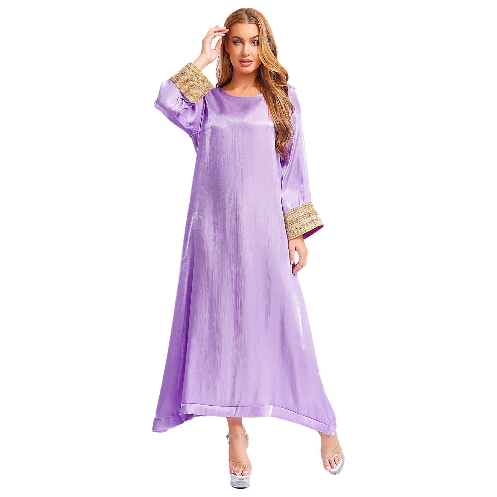 Womens Arabic Abaya Kaftan Dress Long Sleeve Loose Pullover Robe Shiny  Maxi Dress