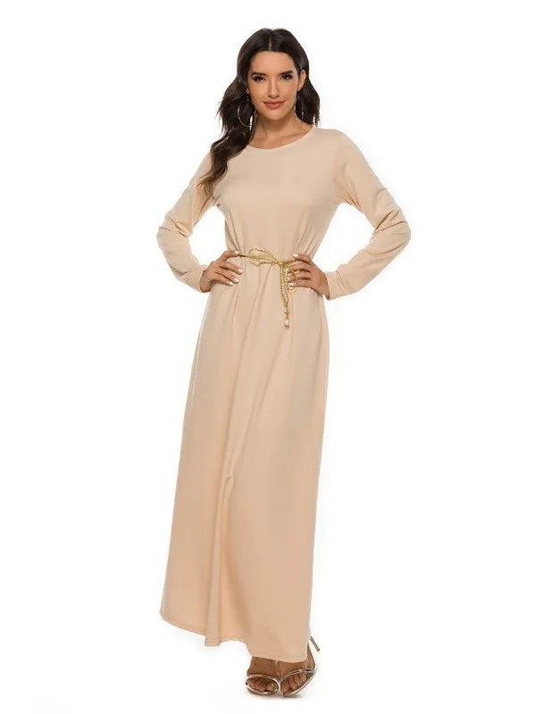 Women's Basic Long sleeved Laydown Round Neck Dress Solid Color Robe