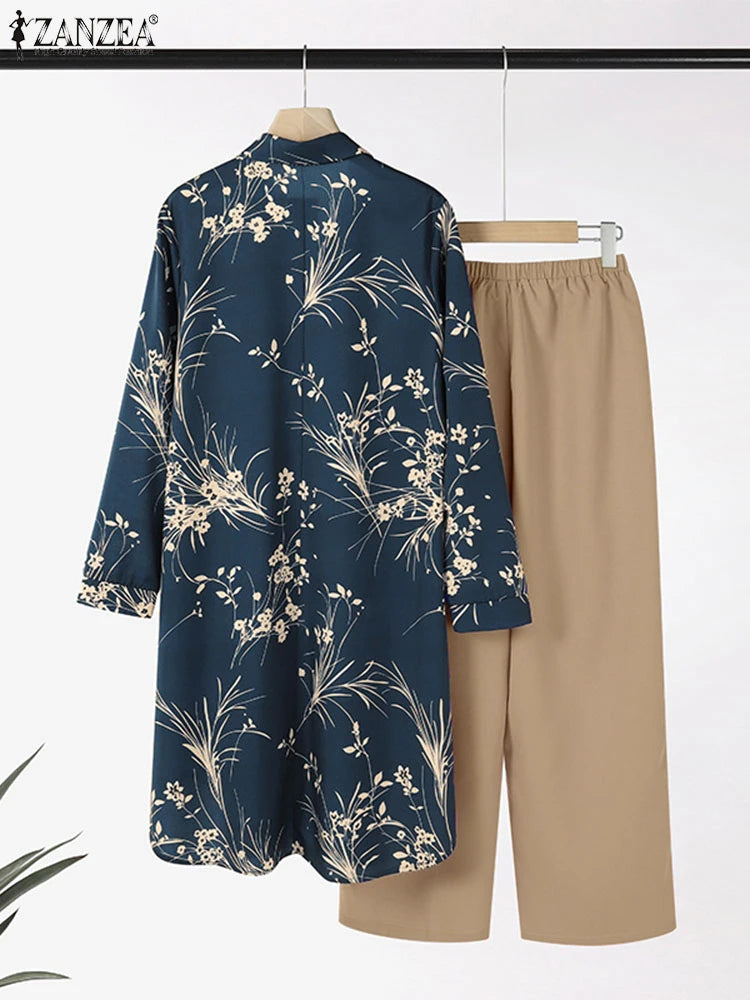 ZANZEA Women 2 PC Pant Sets Vintage Floral Print Tops Solid Wide Leg Long Pant Sets Elegant Outfits Two Piece Suits Casual