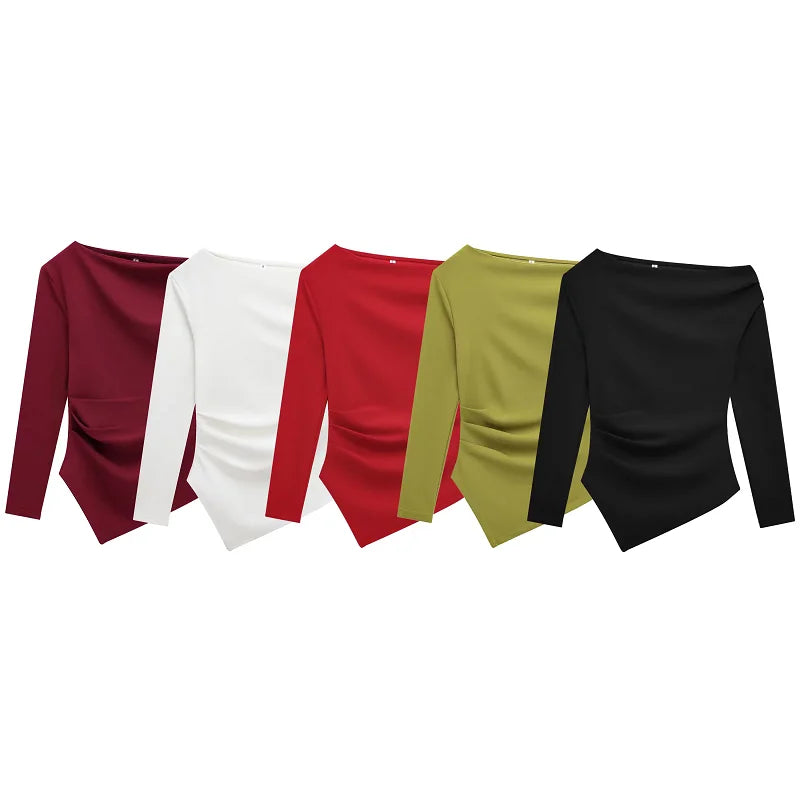 HXAO Women's Elegant Tops 2025 Spring Long Sleeve Pullovers Fashion Casual  White Black Red Green Tops For Female