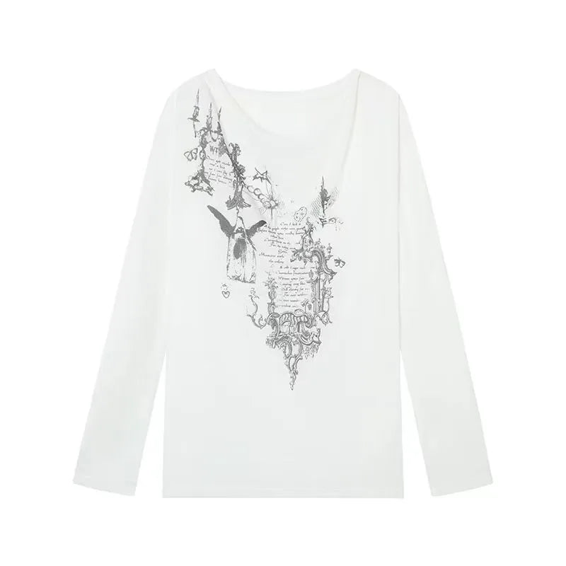 Yedinas Korean Fashion Graphic Tees Slightly Transparent T Shirt Women Clothing Long Sleeve Loose T-shirt Streetwear Spring Tops