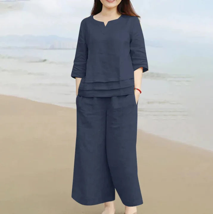 Women Pantsuit Women's 2PCS V Neck Three Quarter Sleeve Top Wide Leg Pants Set with Loose Fit Soft Solid for Comfortable 2025