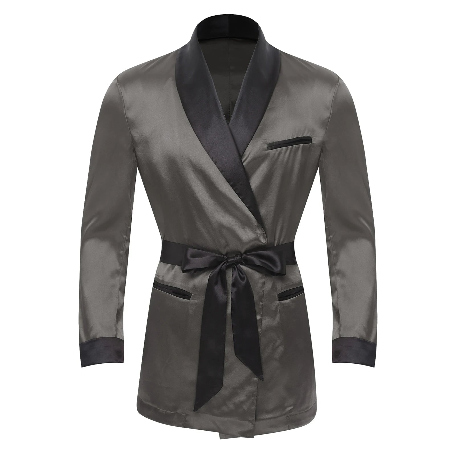Mens Sleepwear Jacket Robe with Belt Pajamas Top Lapel Long Sleeve Side Pockets Bathrobe Nightwear/ Loungewear