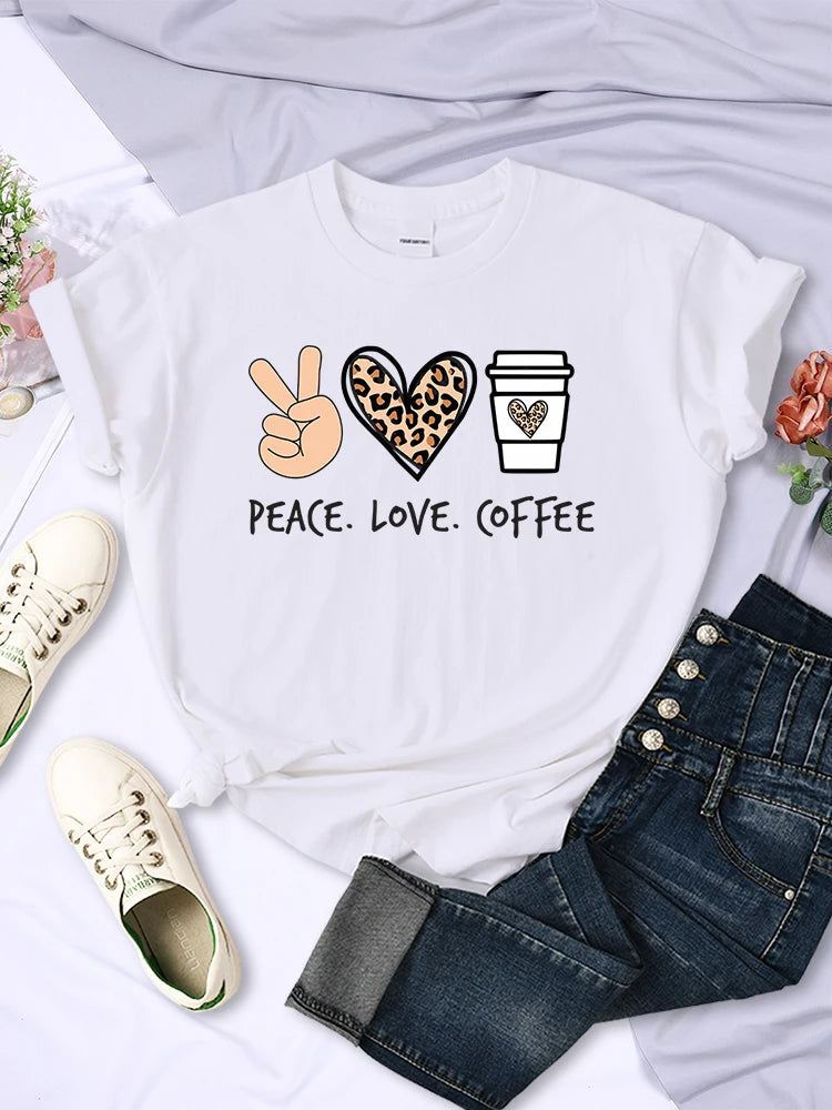 Women's Peace Love Coffee Printed Quality T-Shirts Brand Breathable O-Neck Tshirt For Women