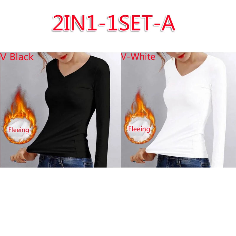 Winter Bottoming Shirt Women Thermal Underwear Solid Color German Velvet Long-Sleeved Basic T-Shirt Heating Fiber Thermal Top