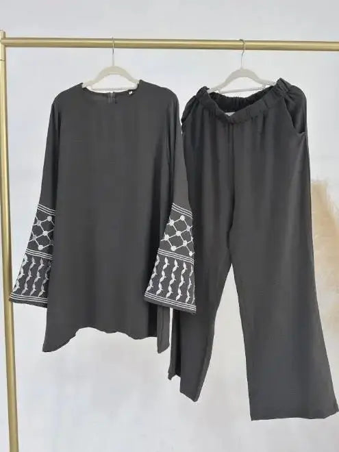 Eid Plain 2 Piece Abaya Set Tops Pants Sets Abayas For Women Clothing Robe  Femme