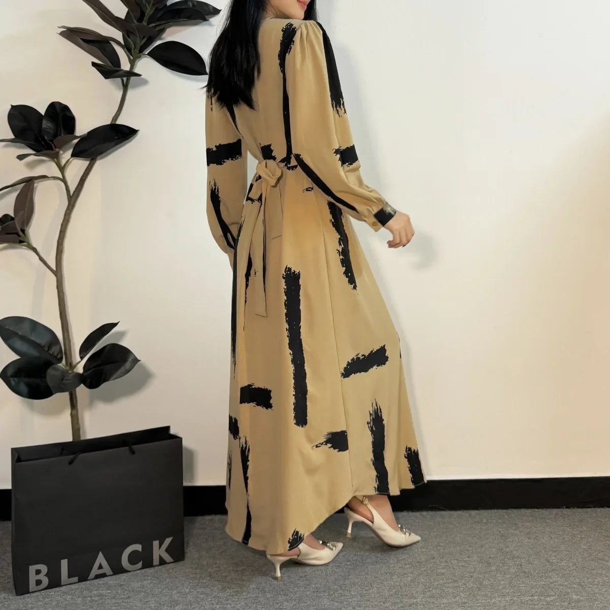 Abayas Fashion Female O-neck Full Sleeve A-line Casual Long Ramadan Maxi Dresses With Belt