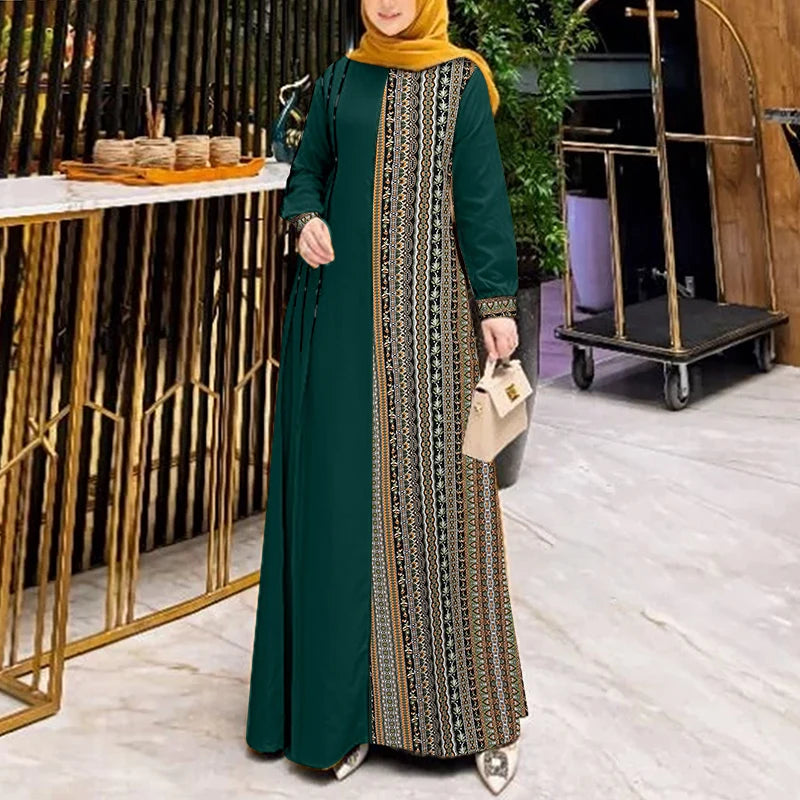 ZANZEA Women Ethnic Printed Panels Maxi Dress Long Sleeve Hijab O Neck   Patchwork  Loose Casual Abaya Robe