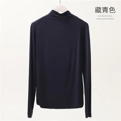 Fall and Winter 2025 New Luxury Clothing Stretch Modal T-Shirt for Women Half-high Collar Slim-fit Solid Color Long Sleeve Top