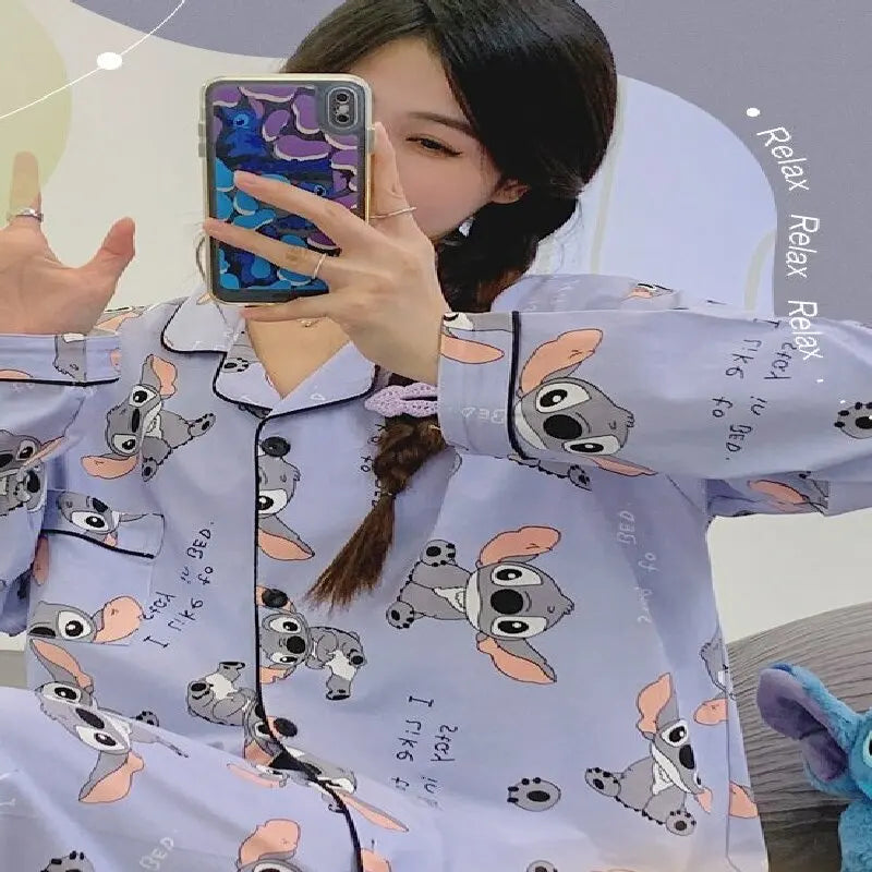Versatile Casual Cartoon Stitch Sleepwear Women's Spring and Autumn Long Sleeved Two-piece Set Pijama Pajama Sets Pyjamas Sleep