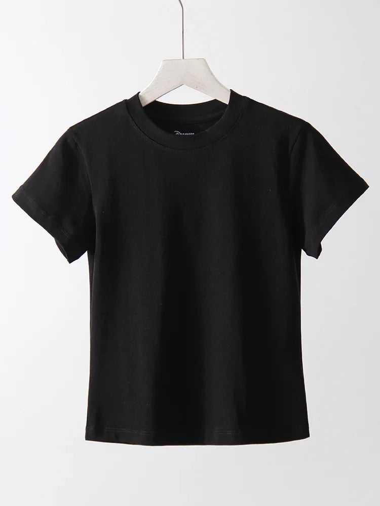 Exquisite Short T Shirts For Women Summer O Neck Slim Cotton Top Tees Streetwear Short Sleeve White Elastic Women's T-shirt Black
