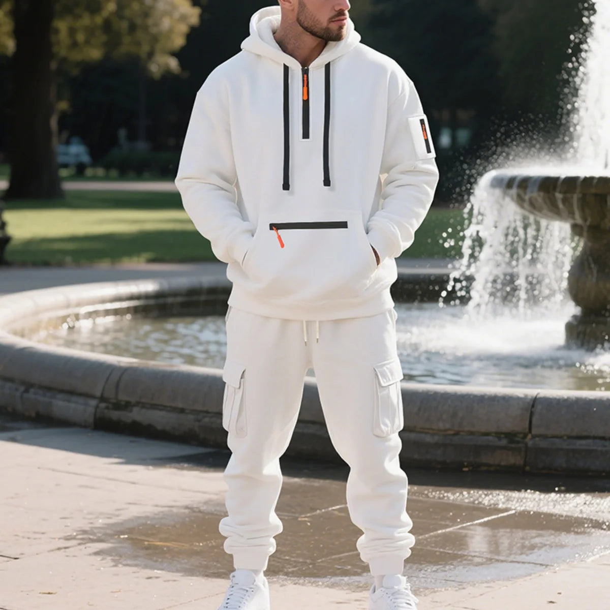 Men's Fleece Hooded Half-Zip Sweatshirt And Loose Sport Pants Set Casual Autumn/Winter Multi-Pocket Fashion Track Suit