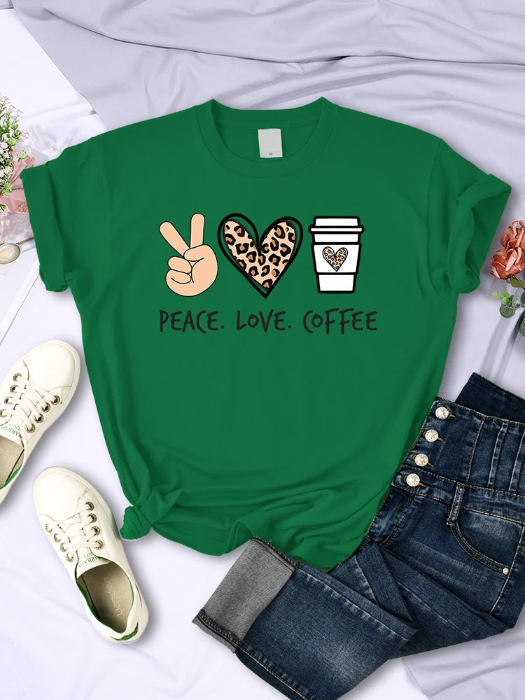 Women's Peace Love Coffee Printed Quality T-Shirts Brand Breathable O-Neck Tshirt For Women