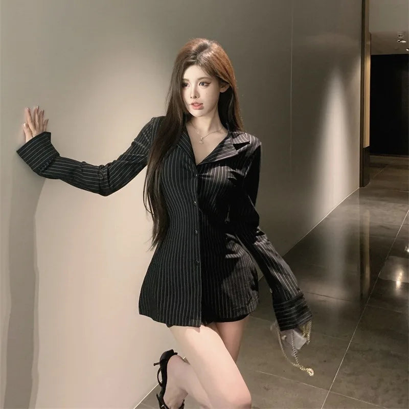 Striped Turn-down Collar Shirts Women Autumn Sexy Ladies Slim Fit Tops Long Sleeve Retro Fashion All-match Korean Style Popular