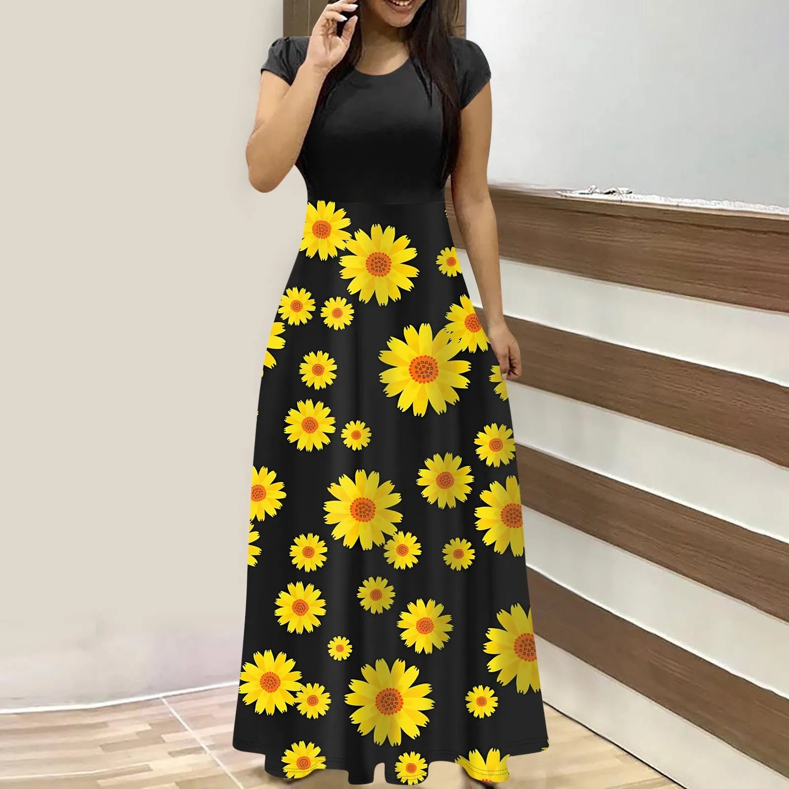elegant dresses for women Fashion Casual long dresses Print O-Neck Short Sleeves Oversized Maxi Dress Splicing vestidos curtos