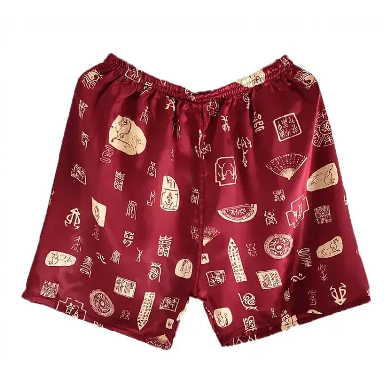 Men Sleep Bottoms Silk Satin Pajamas Casual Sleepping Short Pants Print Smoothy Nightwear Ice Silk Soft Loose Homewear Nightwear