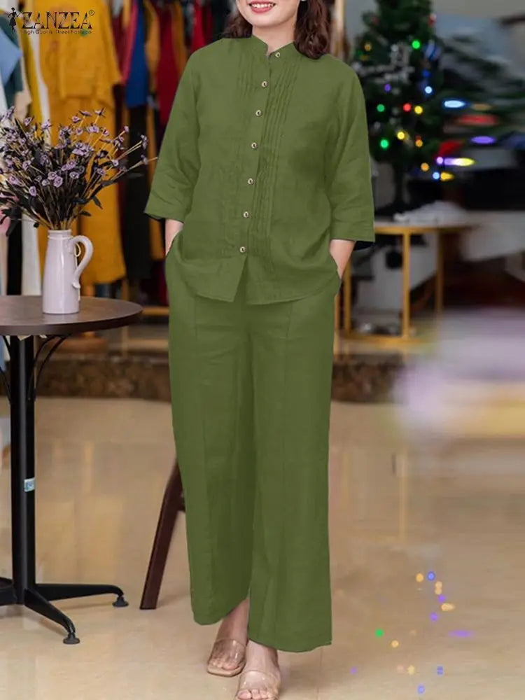 ZANZEA Stylish Autumn 2 Pieces Sets Women Long Sleeve Blouses Pant Sets Casual Solid Loose Tracksuit Female OL Work Outfits 2025