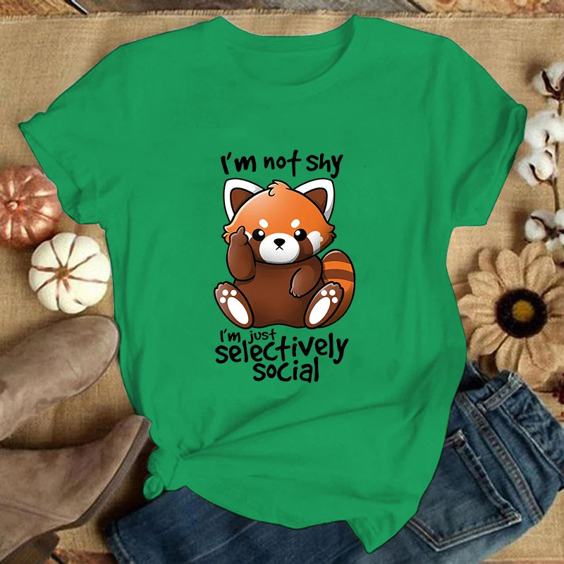 (Premium T-shirt)Panda I'M Not Shy I'M Just Selectively Social Printed T-Shirts Women Short Sleeve Funny Round Neck Tee Shirt