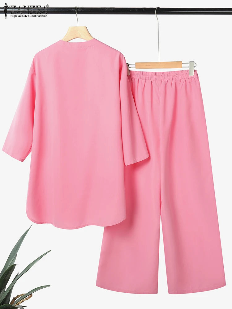 ZANZEA Women 2 Piece Solid Elegant Pant Sets Autumn 2 Piece Outfits Fashion Casual Loose 2PCS 2025 Stylish 3/4 Sleeve Top and Long Pants