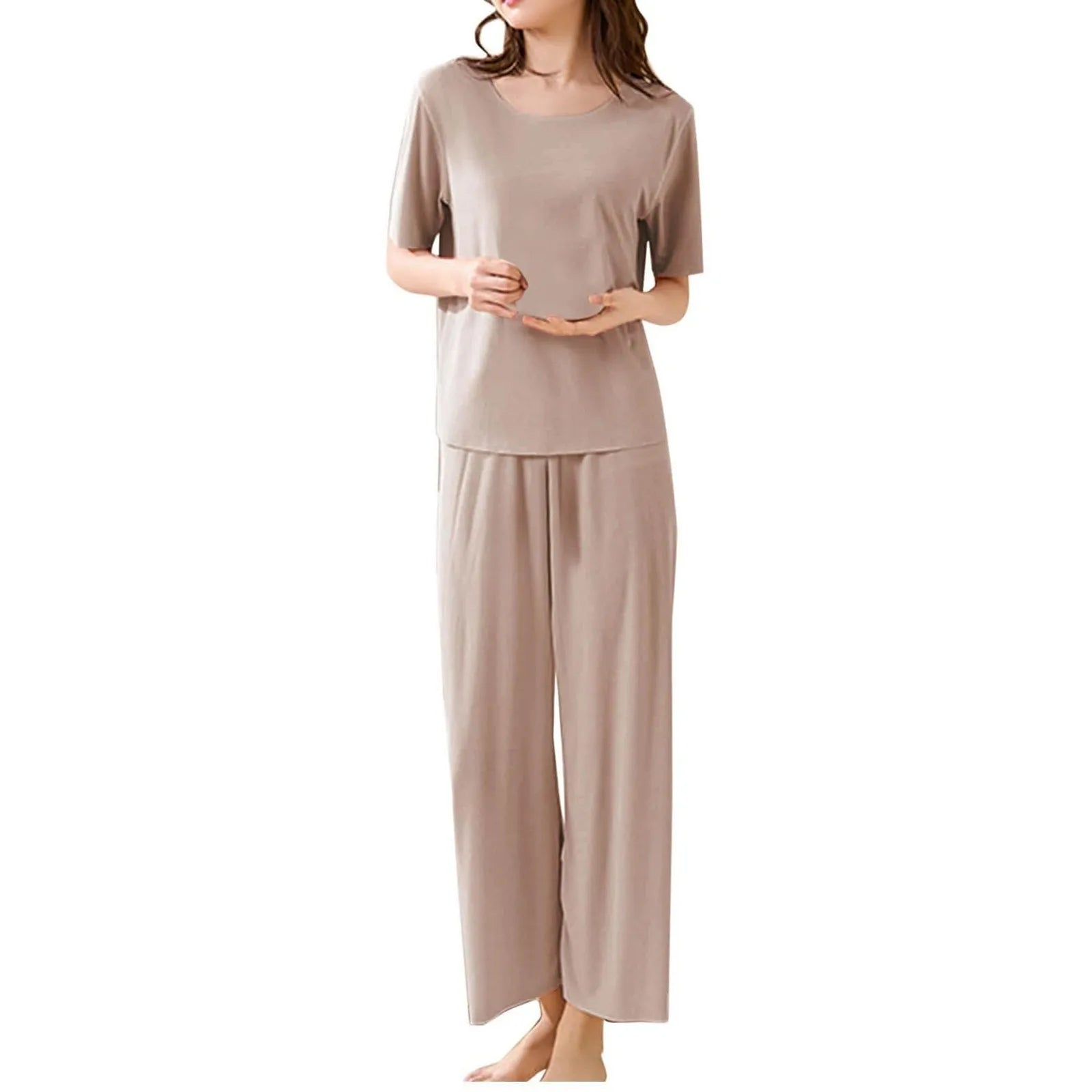 Women Casual Solid Color Sleepwear Set  Non-Marking Loose Short Sleeved Top Cropped Pants Homewear Ice Silk Pajamas Suit