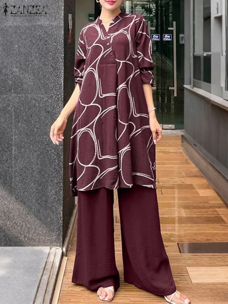 2025 ZANZEA Autumn Printed Tracksuits Women Outfits 2 Piece Sets Long Sleeve Blouse Wide Leg Pant Suit Long Shirt Loose Trousers
