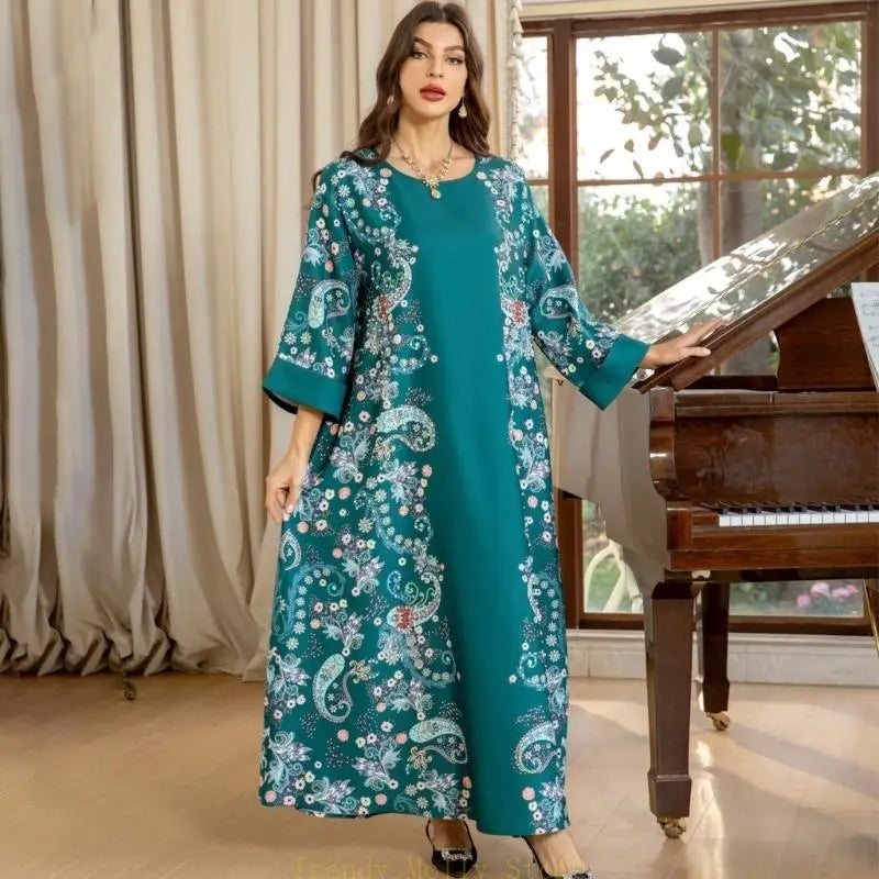 Women Kaftan Dress Full Length Print Rhinestones Pearls Embroidered Dress
