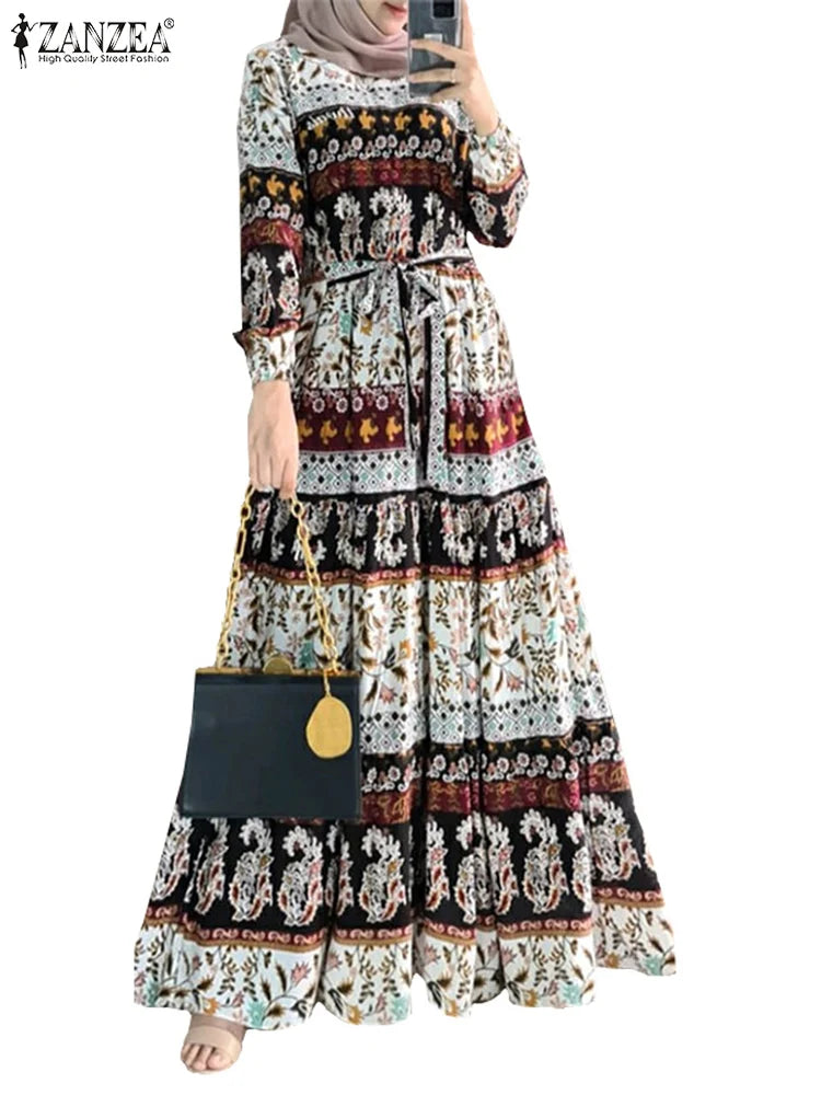 ZANZEA Bohemian Abaya Women Elegant  Stylish Floral Printed Maxi Dresses Casual Loose Ramadan Vestidos Kaftan 2024