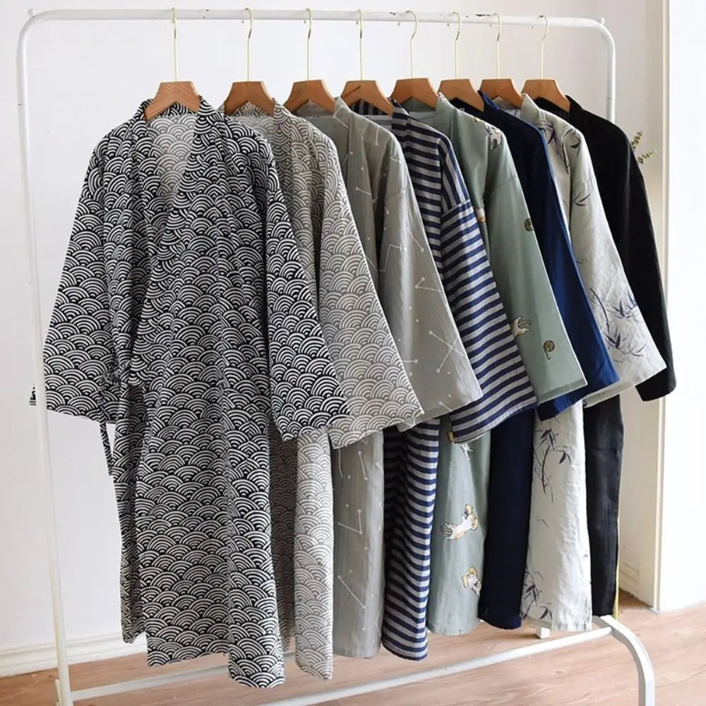 Sleepwear V-Neck Men's Kimono Bathrobe Long Sleeve Thin Japanese-Style Yukata Casual Print Men's Hooded Robe Homewear