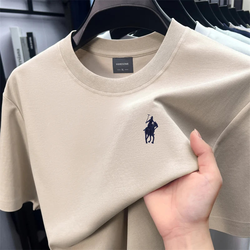 High end short sleeve T-shirt men's fashion brand pony embroidery summer new silk cotton breathable casual round neck Paul top