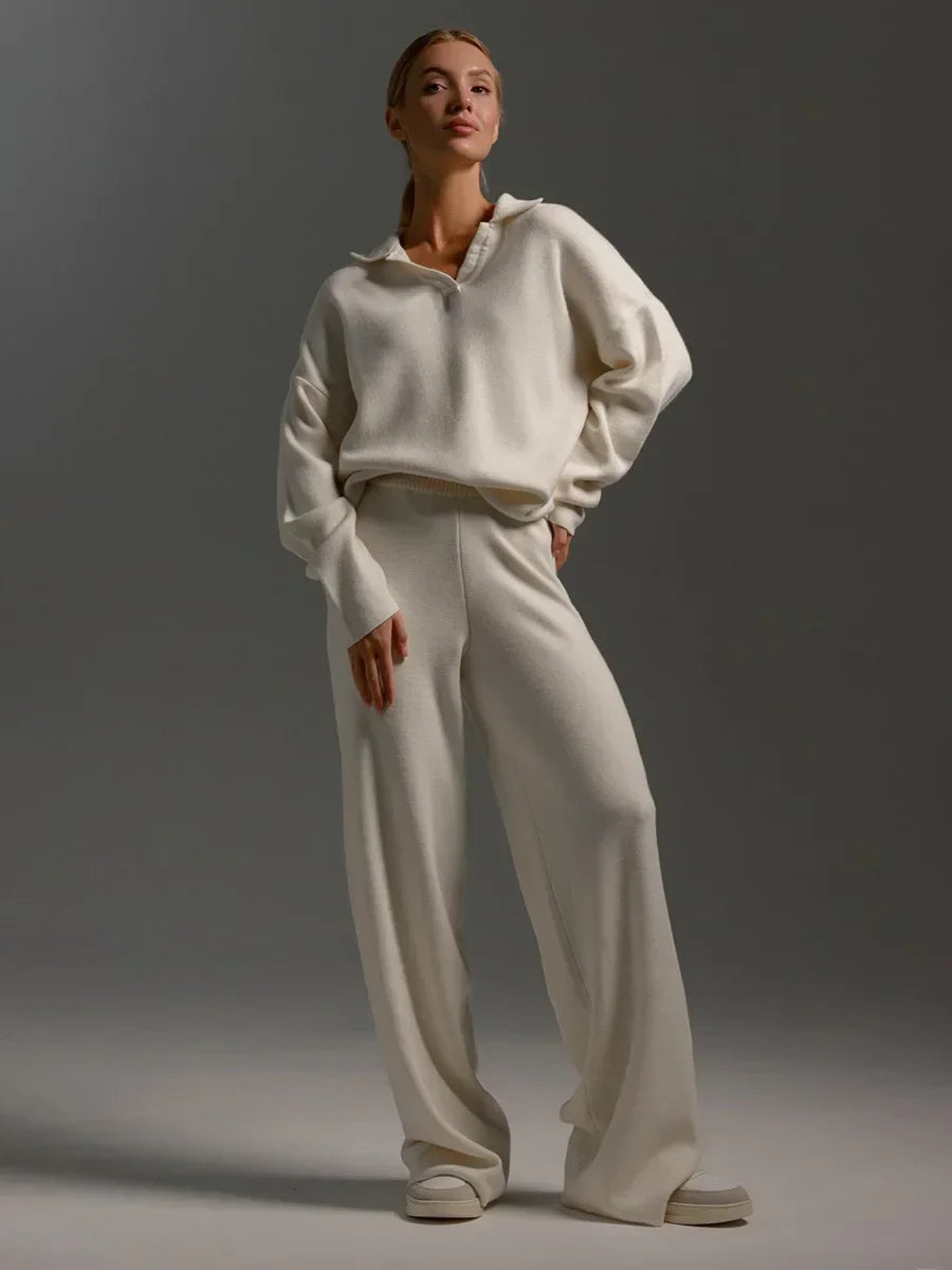 Bornladies Winter Thick Women Knitted Suits Soft 2 Pieces Sets  Polo Neck Sweater & Wide Leg Pants Knitted Outfit