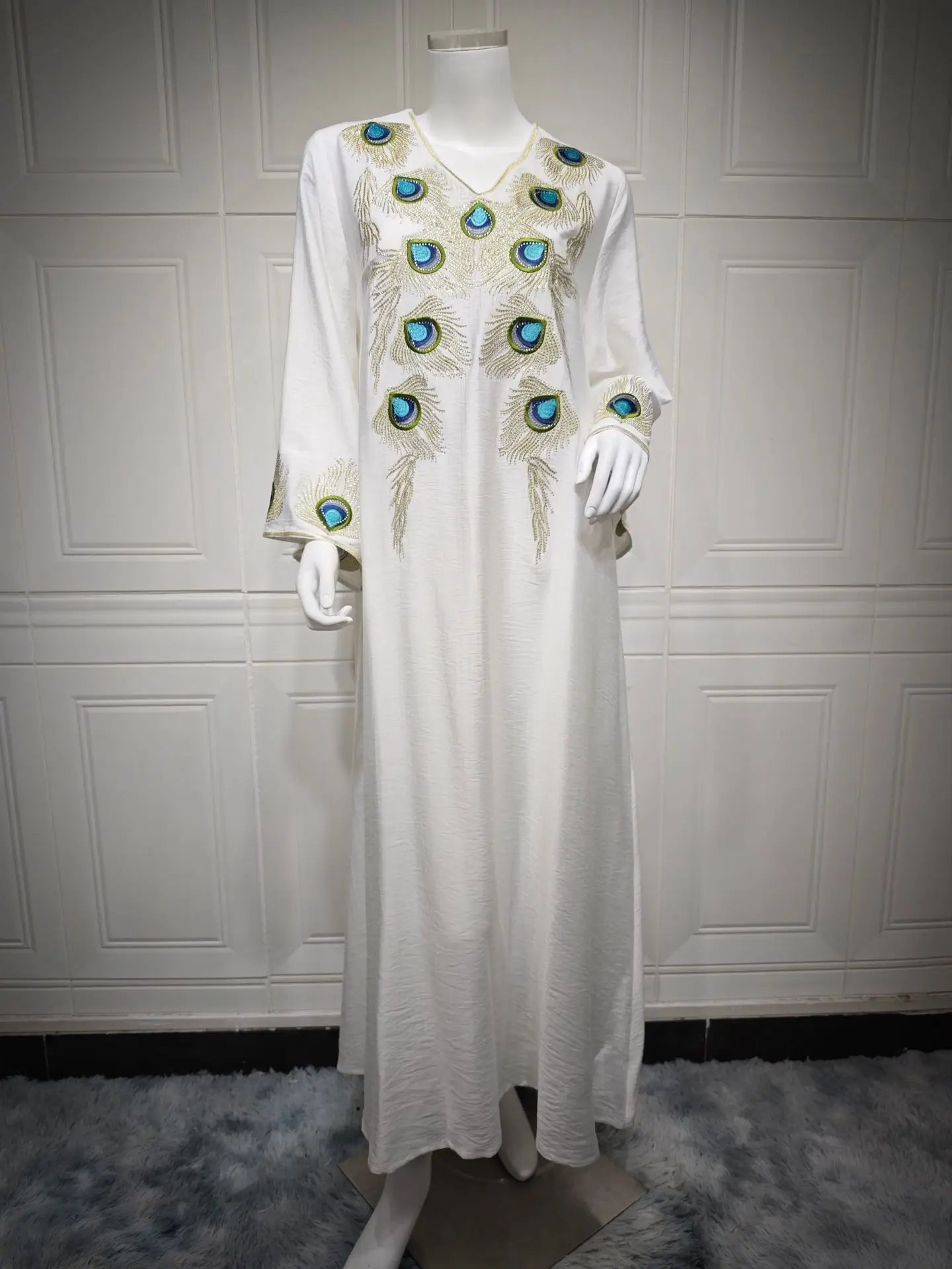 Elegant Women Evening Dress Solid V-Neck abaya Long Sleeve