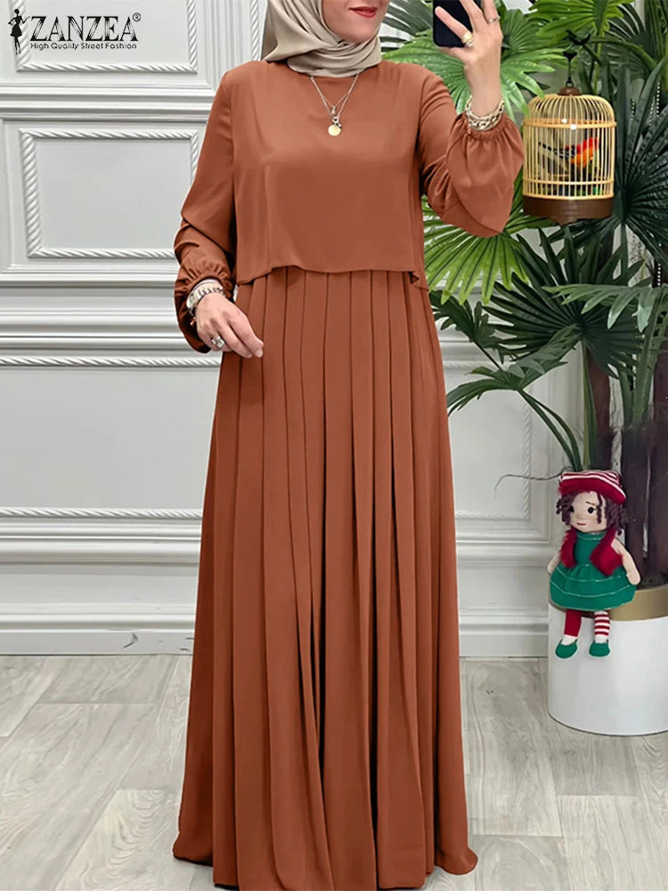 Women Autumn Patchwork Dresses 2025 ZANZEA  Abaya Robe Femme Elegant Long Sleeve Solid Pleated Sundress Clothing