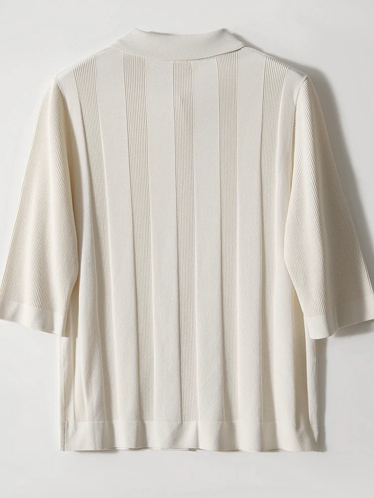 Turn-Down Collar Tee Shirt Femme Korean Fashion Clothing Button Tshirts For Women Short Sleeve 2025 Summer Cardigan Knitted Tops