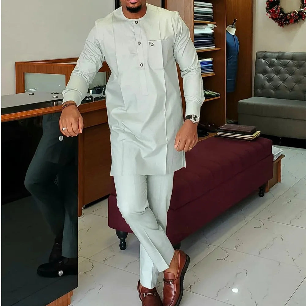 Mans Tracksuits Suits Set Kaftan Embroidered Long Sleeve Tops Pants 2Pcs Set Outfits Wedding Wear African Ethnic Casual Clothing