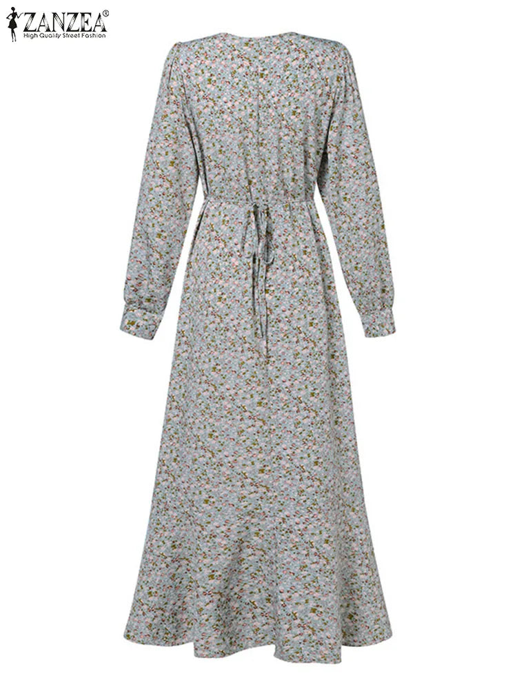 Women Bohemian Floral Printed  Dress Autumn Sundress ZANZEA Fashion Long Sleeve Casual Abaya