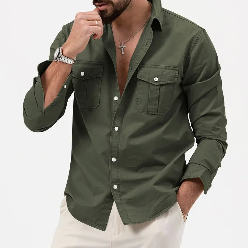 Army Green Tactical Cargo Shirts  Long Sleeve Mens T-Shirt