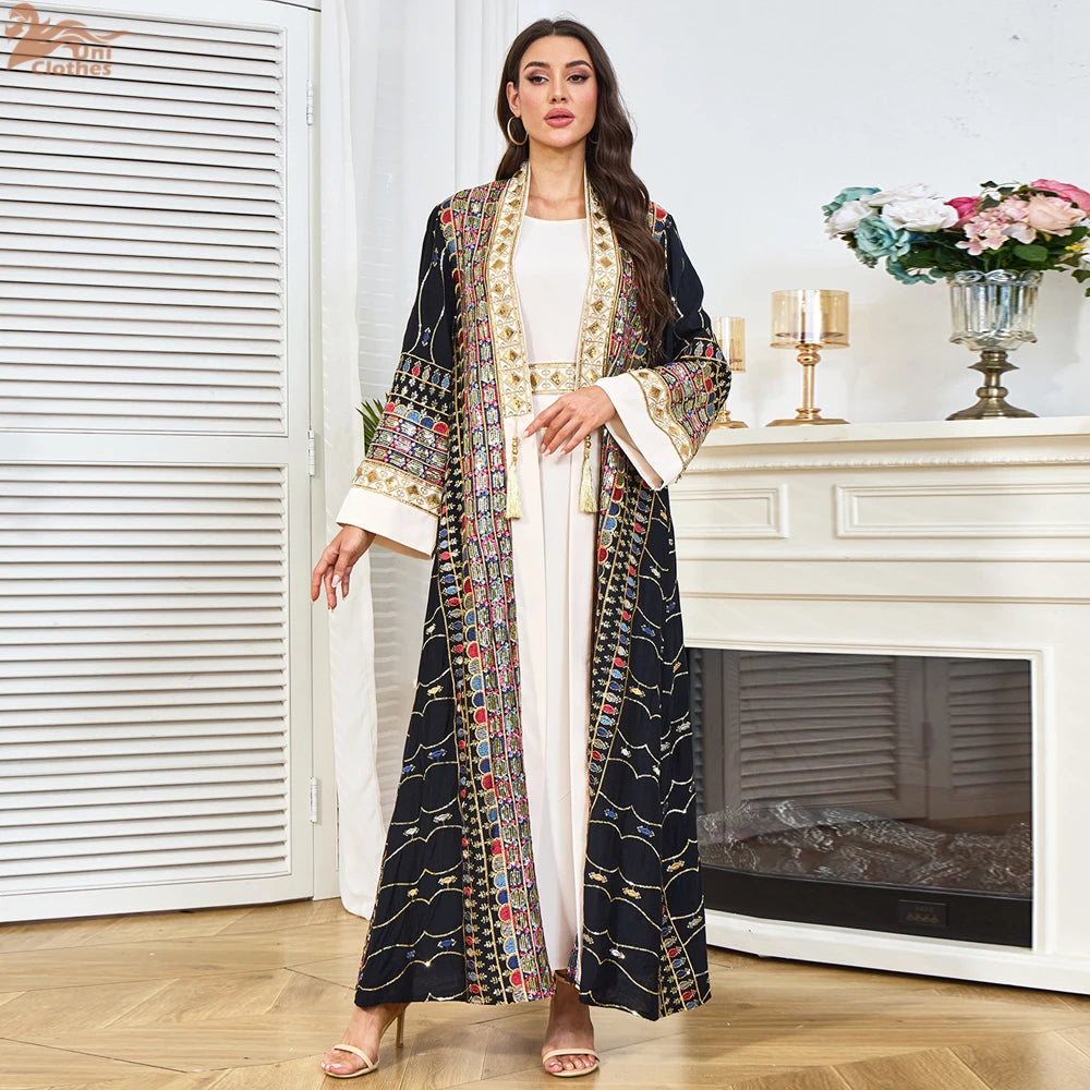 2025 Dubai Luxury Sequin Embroidered Dress  Women Open Abayas Maxi Dress Robe Set