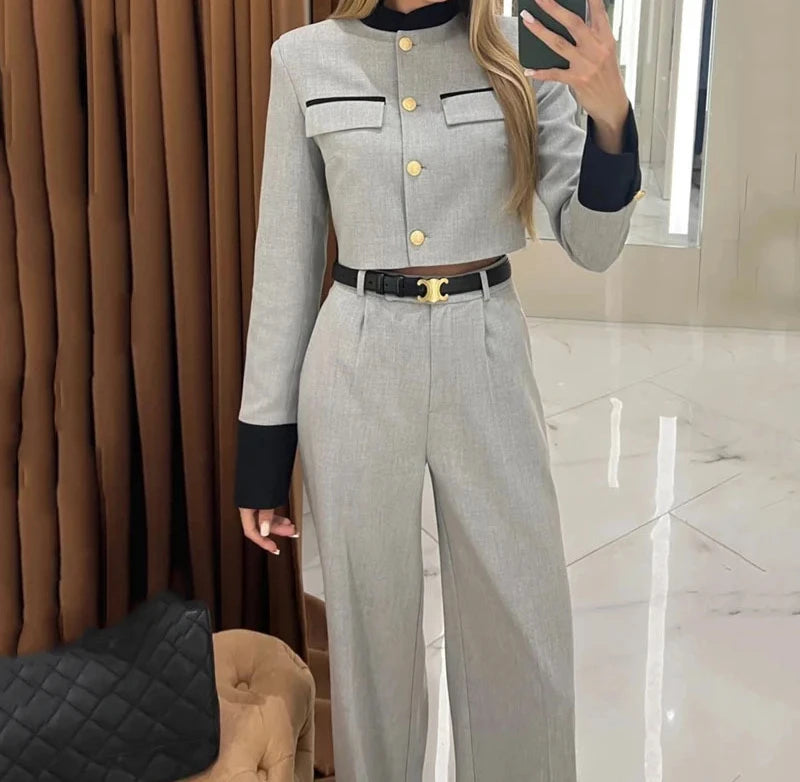 Women's Suits Streetwear Fashion Contrasting Color Small Fragrant Styleelegant Temperament Wide Leg Pants Sets 2025 Autumn New