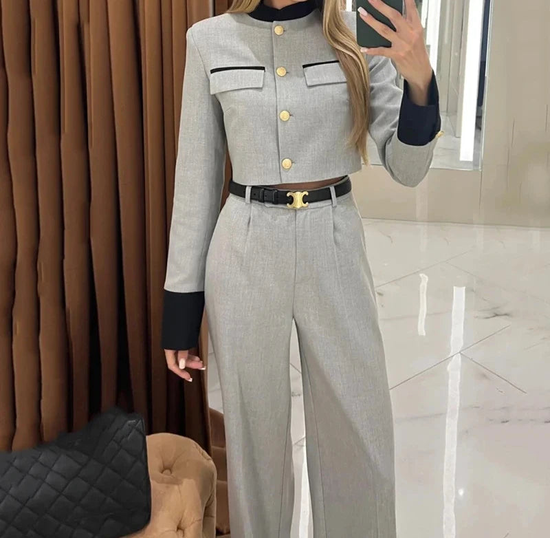 Women's Suits Streetwear Fashion Contrasting Color Small Fragrant Styleelegant Temperament Wide Leg Pants Sets 2025 Autumn New